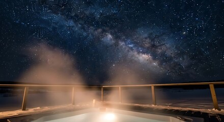 Fototapeta premium A person relaxes in a steaming outdoor hot tub under a spectacular starry night sky with the Milky Way.