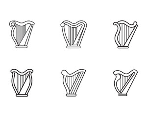 Collection of Harp Icons in Black and White Musical Instrument Vector Set Irish Celtic Harp Line Art Design Elements