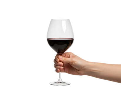 A stylish woman's hand with red nails elegantly holding a wine glass, paired with two clinking wine glasses filled with red and white wine on a white background, symbolizing celebration.

