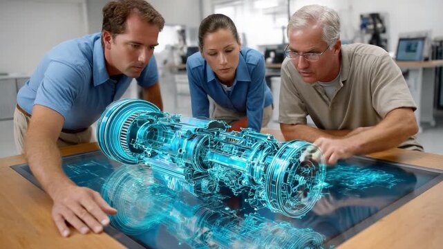 Technical inspection team: Team of engineers is diligently focused on a holographic projection of machinery, their concentration mirroring their expertise.