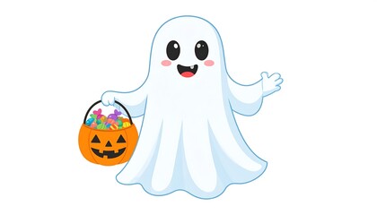 Fototapeta premium Cute cartoon ghost with Halloween candy bucket