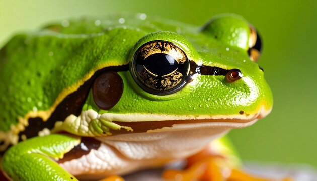 Captivating macro portrait of a vibrant green tree frog with golden eyes looking intently