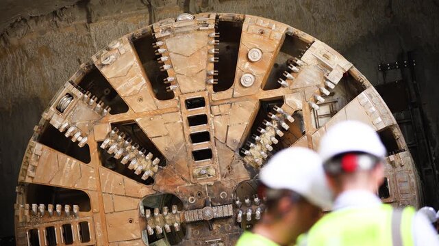 Workers inspect and repair a Tunnel boring machine (TBM) (often called a "mole") used to excavate subway tunnels.