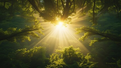 Fototapeta premium Awe-inspiring view of golden sunlight streaming through a lush forest canopy, illuminating the serene woodland with heavenly rays.