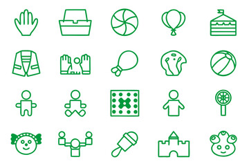 Collection of simple outline graphics representing various children s playthings and activities for easy customization and application
