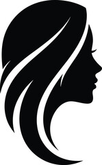Cad drawing flat vector illustration of woman’s profile silhouette with flowing hair, elegant black white minimal artwork, hairstyle concept