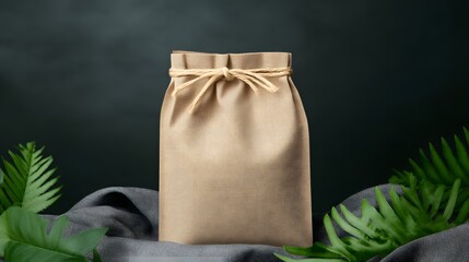 Closed brown canvas pouch tied with twine bow sits centered on a textured gray cloth with green foliage