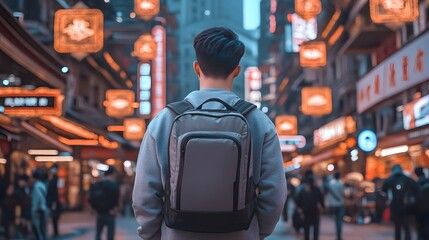 Person with a backpack seen from behind on an illuminated urban street filled with blurred people and orange neon lights