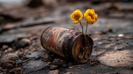 Obraz premium Wilted Flower in Rusty Can: Symbol of Fragile Hope Amidst War-Torn Ruins