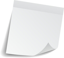 Blank white sticky note featuring a curled corner, casting a soft shadow on a clean white background, offering ample space for text or creative design elements