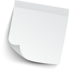 Blank white sticky note with a curled corner is casting a shadow on a white background, providing copy space for important reminders or creative messages