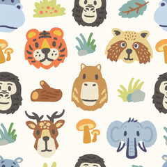 Seamless pattern with cute portrait animals head in cartoon doodle style. Drawing of baby capybara, deer, tiger, gorilla, racoon, elephant, hippo faces for kids.