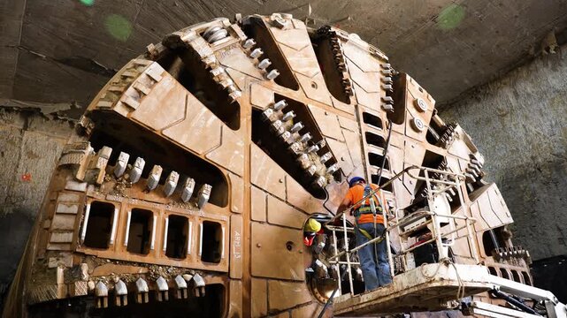 Workers inspect and repair a Tunnel boring machine (TBM) (often called a "mole") used to excavate subway tunnels.
