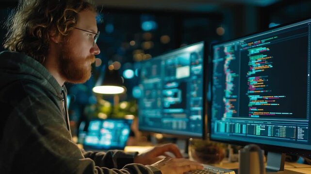 Coding in the Night: A focused developer immersed in the glow of computer screens, writing lines of code in a dimly lit room, embodying the spirit of innovation and dedication. 