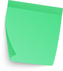 Blank green sticky note featuring a curled corner, providing ample space for jotting down reminders, messages, or ideas. Isolated against a clean white background, enhancing focus