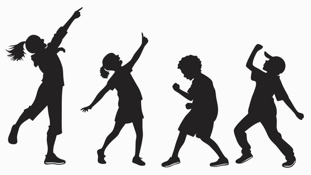 Silhouette of four children pointing and cheering with dynamic poses against a white background