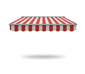Fototapeta premium Bright red and white striped wall awning or circus tent with a flag on top, isolated on white background. Ideal for storefront designs, carnivals, parties, and playful illustrations.