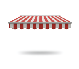 Bright red and white striped wall awning or circus tent with a flag on top, isolated on white background. Ideal for storefront designs, carnivals, parties, and playful illustrations.

