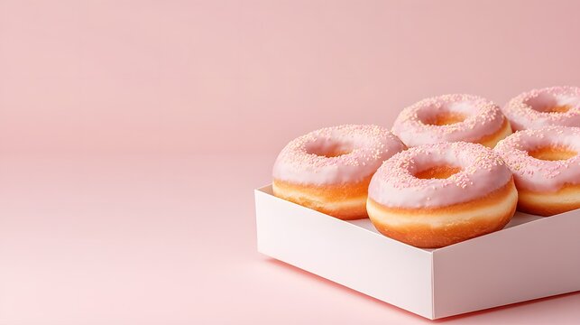 Multiple freshly baked donuts with pink icing and colorful sprinkles in a white box against a soft pink background
