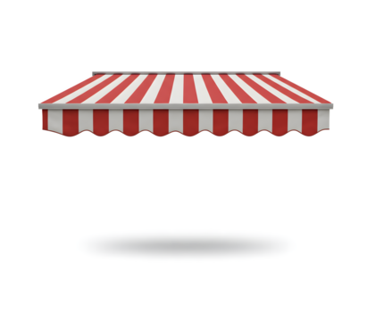 Bright red and white striped wall awning or circus tent with a flag on top, isolated on white background. Ideal for storefront designs, carnivals, parties, and playful illustrations.

