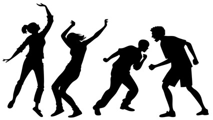 Silhouettes of four people two women dancing and two men arguing in black and white vector illustration