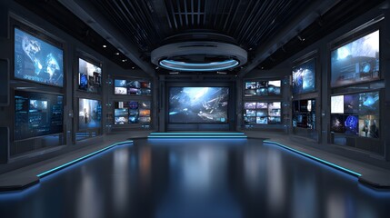 Empty high tech virtual studio featuring numerous large illuminated screens displaying diverse digital data and visuals