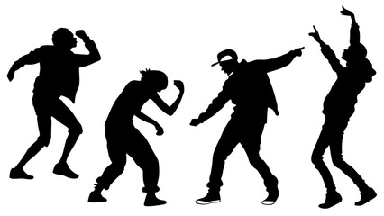 Silhouettes of four figures in dynamic poses suggesting movement or dance on a white background scene