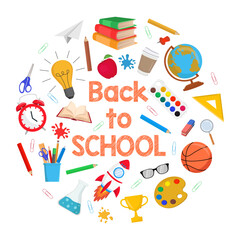 Back to school circular frame Greeting card with vibrant school elements and supplies