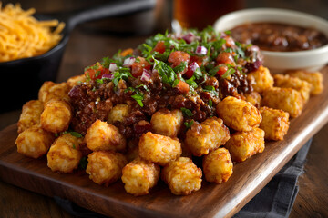 Fototapeta premium Homemade chili cheese tots appetizer served on a wooden board