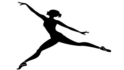 Silhouette of a woman dancer in a leaping pose with arms extended and legs split in mid air gracefully