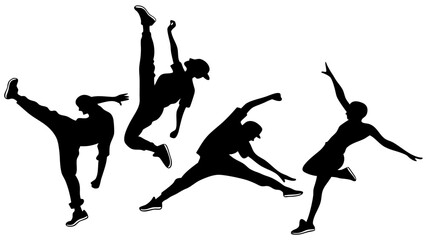 Silhouettes of people in dynamic poses performing various dance moves and acrobatic stunts in black color