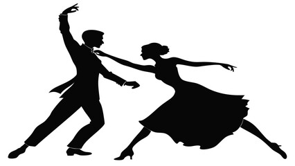 Silhouette of a man in a suit and a woman in a dress dancing together in a dramatic pose on a white background