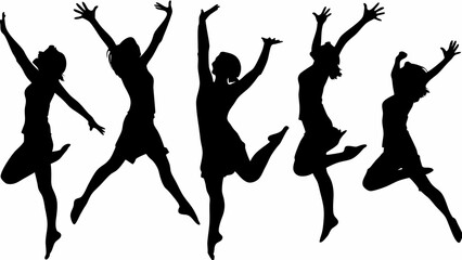 Silhouettes of five women jumping with arms raised in celebration against a white background in a group
