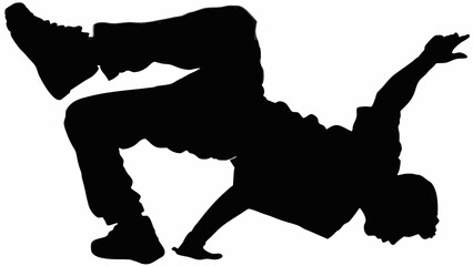 Silhouette of a breakdancer in a dynamic pose with one hand raised and legs in the air showing shoes