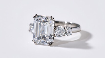 Emerald cut diamond ring with side stones on white studio background elegant luxury engagement jewelry product showcase