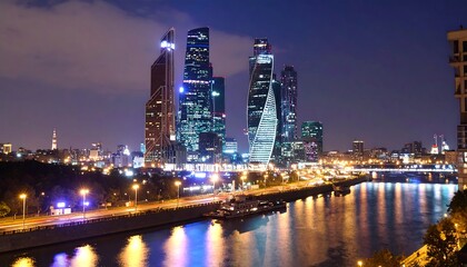 Naklejka premium City skyline at night, modern skyscrapers