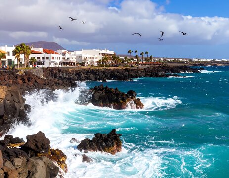 Coastal town scene with crashing waves and volcanic rock