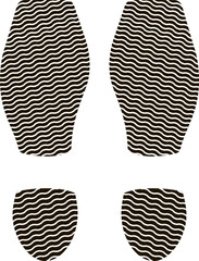 Black shoe prints with a wavy pattern design creating a dynamic walking sequence on a white background, symbolizing movement, direction, and the journey of exploration