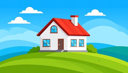Cartoon house on a hill, sunny day