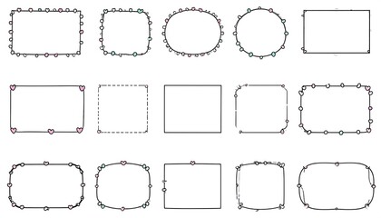 Set of decorative frames with hearts and dots.  Various shapes rectangles, ovals.  Simple, outlined design
