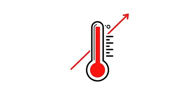 Red thermometer icon indicating rising temperature with a dynamic upward arrow on a white background