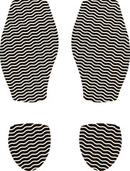 Black shoe prints with wavy pattern representing unique footprint identification, evidence gathering, or forensic science investigation on isolated white background