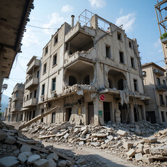 Building in disrepair after devastating earthquake leaving urban area in ruins and loss