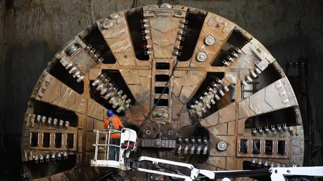 Workers inspect and repair a Tunnel boring machine (TBM) (often called a "mole") used to excavate subway tunnels.