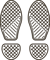 Black and white drawing of a shoe print showing sole and heel with striped and checkered patterns, useful as a guide for standing position or as a generic shoe print