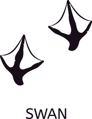 Swan footprint silhouette showcasing the distinctive webbed feet and clear bird track, ideal for nature illustrations, wildlife identification, or educational resources about bird anatomy