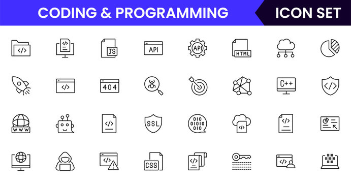 Coding and programming vector line icons featuring code brackets, laptops, bugs, debugging, algorithms, developers, software, scripts, and tech workflows.