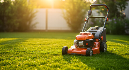 Obraz premium Orange Lawn Mower on Green Grass Lawn under Golden Sunlight in Serene Garden with Blurred Foliage at Sunset
