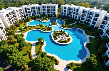 Aerial view of modern residential apartments surrounding a large outdoor swimming pool complex