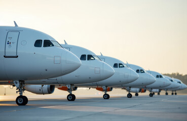 Multiple military aircraft lined up on the tarmac at sunset creating a sleek and organized scene